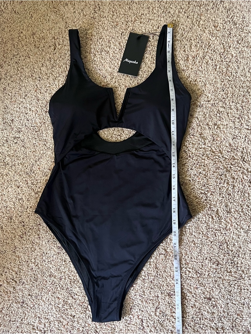 NWT Black V-Notch One-Piece Swimsuit with Midriff Cutout - Picture 2 of 5